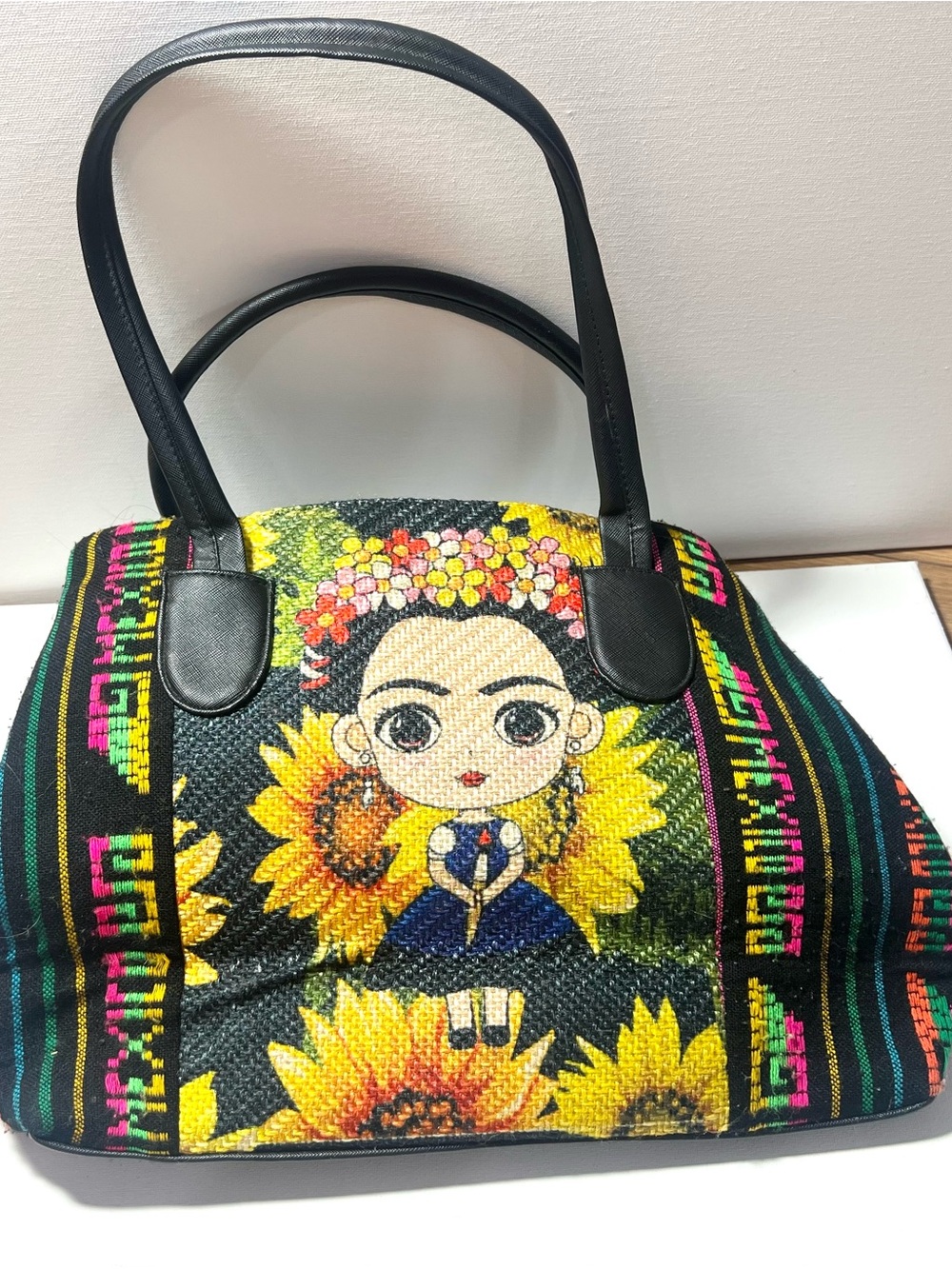 Frida Kahlo Black Sunflower Tote Bag with Colorful Folk Art Panel